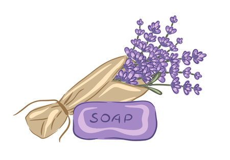 Lavender soap with hand drawn flowers wrapped in rustic paperのイラスト素材