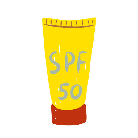 Brightly colored hand drawn sunscreen tube labeled with SPF 50 for sun protection outdoors vector...