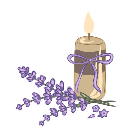 A hand drawn candle tied with a ribbon with fresh lavender, creating a tranquil vibe.のイラスト素材