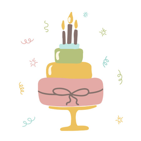 Pastel color birthday cake with candles and festive swirls on top. vector illustration