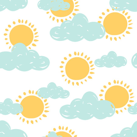 Pattern for kids design playful suns and clouds in a fun print, hand drawn cute background vector illustrationのイラスト素材