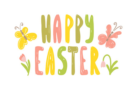 Happy Easter greeting card with colorful text, butterflies and flowers in pastel colors vector illustrationのイラスト素材
