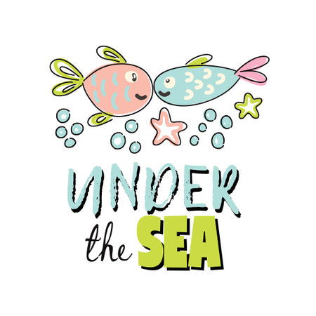 Colorful hand drawn underwater scene featuring kids and cheerful fish in a vibrant print design vector illustrationのイラスト素材