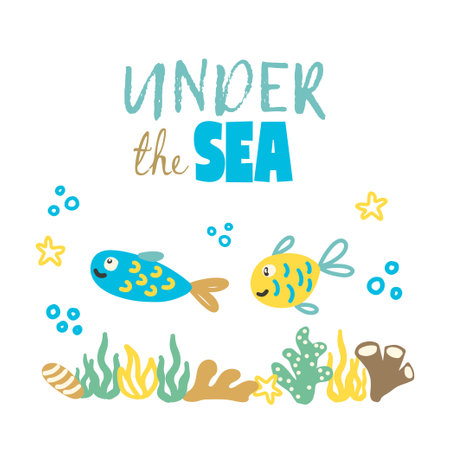 Underwater scene with cute fish coral bubbles and sea plants print vector illustrationのイラスト素材