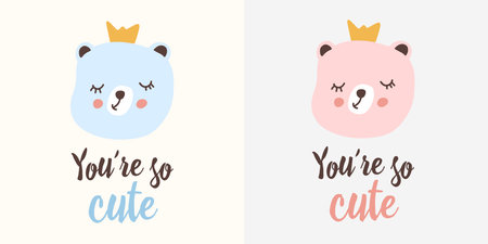 Cute baby shower cards with blue and pink bear faces, crowns, and gender announcement. Vector illustrationのイラスト素材