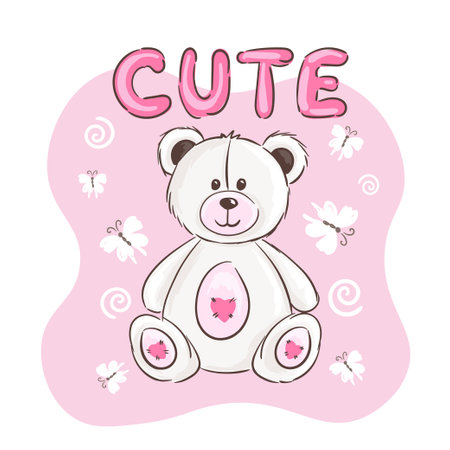 Cute white teddy bear kids print with pink details, butterflies background, adorable plush toy. Vector illustrationのイラスト素材