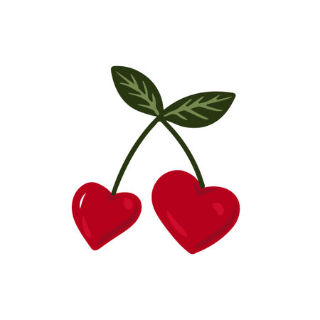 Two red cherries in heart shapes connected by a green stem with leaves, clip art isolated on white. Vector illustrationのイラスト素材