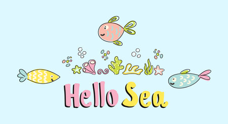 Hello sea kids print for summer fun and adventure. Vector illustrationのイラスト素材