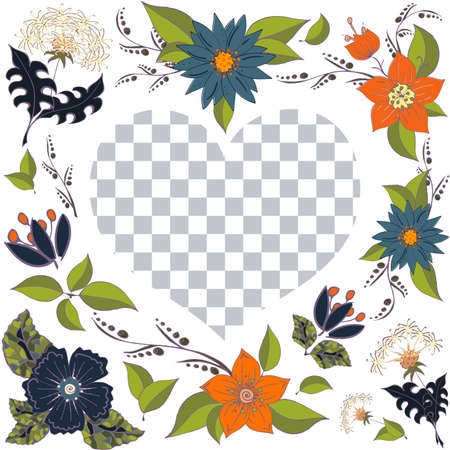 Heart made of flowers elements. Cards with floral ornaments and transparent backgroundのイラスト素材