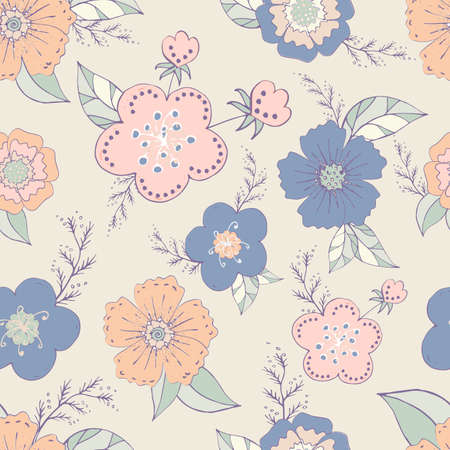 Seamless pattern with pastel flowers romantic elements. Endless color floral texture for designのイラスト素材