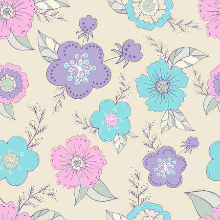 Seamless pattern with pastel flowers romantic elements. Endless color floral texture for designのイラスト素材