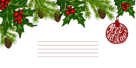 Christmas card with christmas trees and holly. Colorful Christmas card with lettering.のイラスト素材