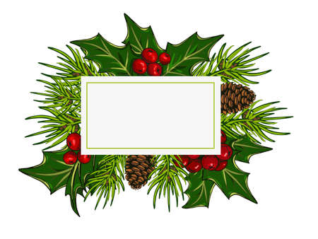Christmas card with christmas trees and holly. Colorful Christmas card with lettering.のイラスト素材
