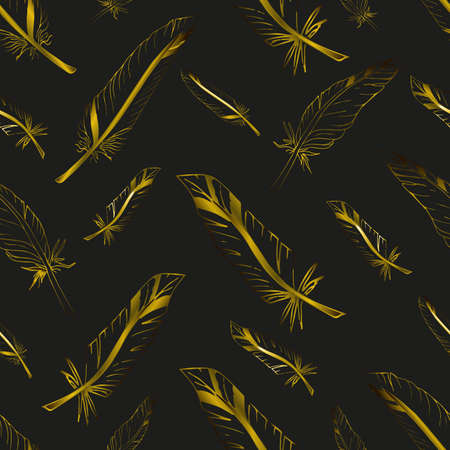 Seamless pattern with golden feathers. Repeating ornament with feathers of birdsのイラスト素材