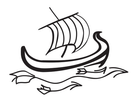 Viking ship on the blue waves. Ship at sea with striped sailのイラスト素材