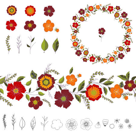 Objects isolated on white background. Set of elements with floral wreath and endless horizontal brushのイラスト素材