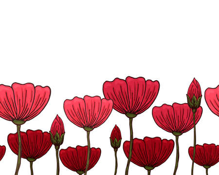 Seamless border with romantic flowers elements. Endless texture for spring design on white backgroundのイラスト素材