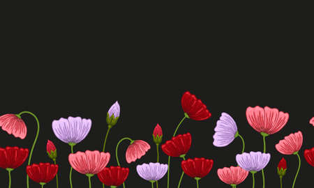 Seamless border with romantic flowers elements. Endless texture for spring design on black backgroundのイラスト素材