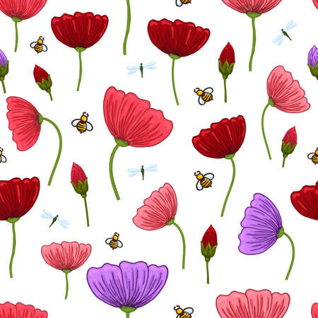 Seamless pattern with romantic flowers elements. Endless texture for spring design on white backgroundのイラスト素材