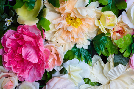 Floral background. Colorful fabric flowers close upの写真素材