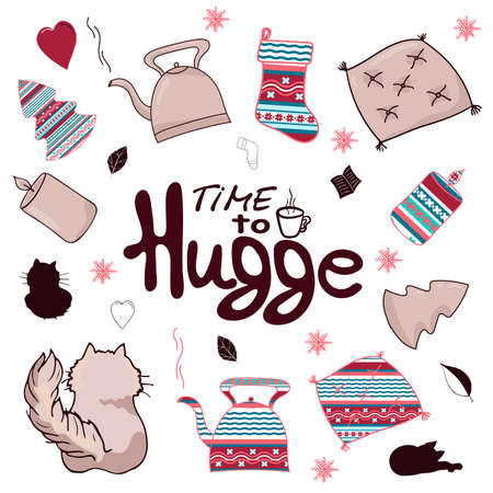 Collection of isolated objects in the style of Hugge. Set of colorful objects and fluffy cat.のイラスト素材