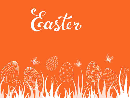 Beautiful spring card with butterflies and easter eggs. Easter card with letteringのイラスト素材