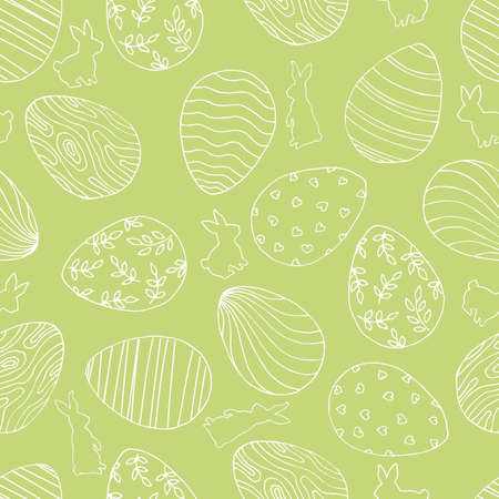 Beautiful green seamless background with Easter eggs and rabbit. Beautiful Easter background line art style.のイラスト素材