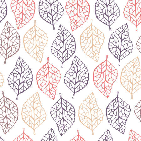 Beautiful pastel seamless pattern with colored leaves. Botanical background in line art style.のイラスト素材