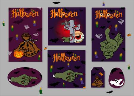 Scary beautiful Halloween holiday invitations. Set of flyers for Halloween. Zombies, candles and ghosts.のイラスト素材