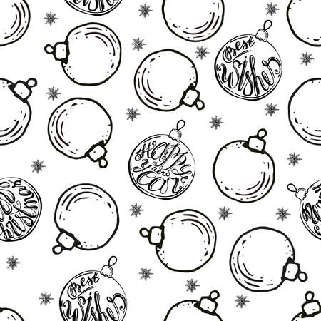 Black and white seamless pattern with christmas balls with lettering. Monochrome Christmas balls on seamless background.のイラスト素材