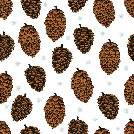Christmas seamless background with pine cones and snowflake. Christmas pattern of cones and snowflakeのイラスト素材