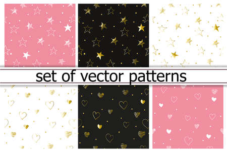 Set of seamless pattern with golden stars. Holiday pattern with golden stars on black and white backgroundのイラスト素材