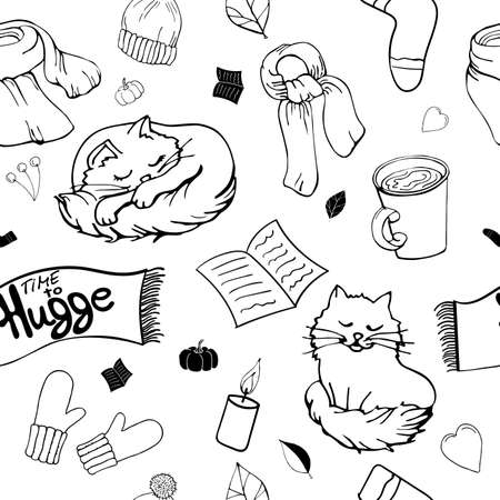 Seamless pattern with winter clothes in the style of hugge. Winter scarf, winter hat, warm mittens and blanket, cocoa and fluffy cat.のイラスト素材