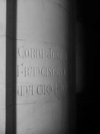 Latin inscription in stone column in gothic church Tibidabo, Barcelona, ??Spainの写真素材