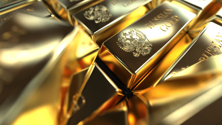gold in bullion in a large volume of the inscription "Russian gold". gold fund, 3d renderの写真素材