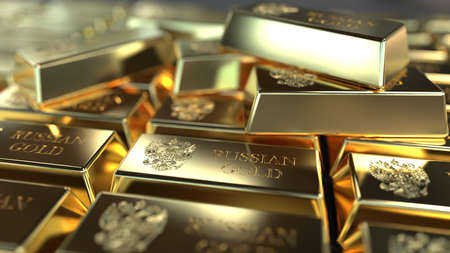 gold in bullion in a large volume of the inscription "Russian gold". gold fund, 3d renderの写真素材