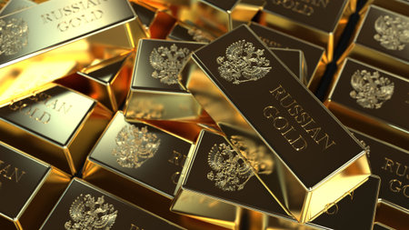 gold in bullion in a large volume of the inscription "Russian gold". gold fund, 3d renderの写真素材