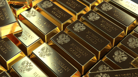 gold in bullion in a large volume of the inscription "Russian gold". gold fund, 3d renderの写真素材