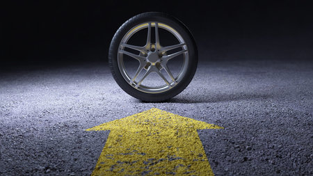 car tires on asphalt casting. tire fitting. 3D visualizationの写真素材