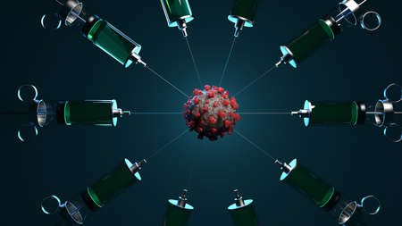illustration of vaccination against COVID-19 virus on a dark background. 3d renderingの写真素材