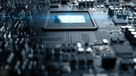 a fragment of computer hardware components. powerful cpu on a chip