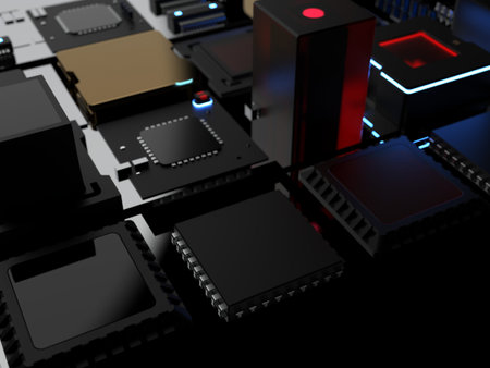 different types of computers and spare parts. 3D rendering on the subject of computing