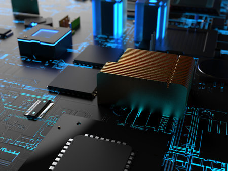 different parts of computer chips and transistors. 3d render on the topic of technology