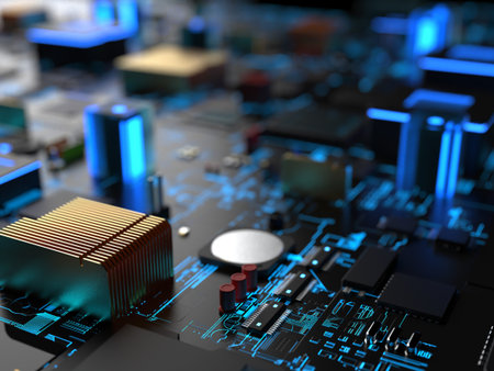 different parts of computer chips and transistors. 3d render on the topic of technology