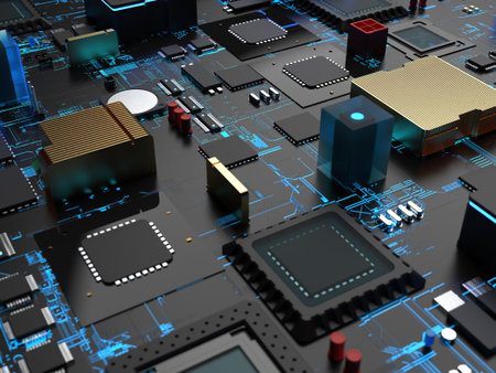 different parts of computer chips and transistors. 3d render on the topic of technology