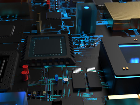 different parts of computer chips and transistors. 3d render on the topic of technology