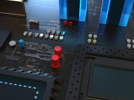 computer chips close up. 3D render on the topic of technologies and large calculations