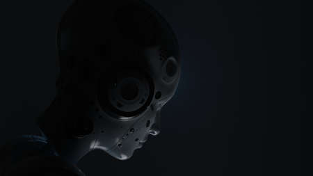 robot head on dark backgroundの写真素材