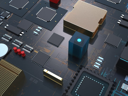 computer chips close up. 3D render on the topic of technologies and large calculations