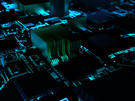 computer processors close-up in bright blue backlight. 3d render on the theme of artificial...